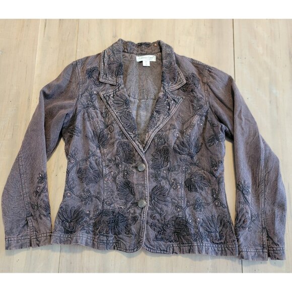 COLDWATER CREEK Jacket Brown Sz 4P Petite Floral Embroidered Beaded Denim Blazer - Picture 3 of 16